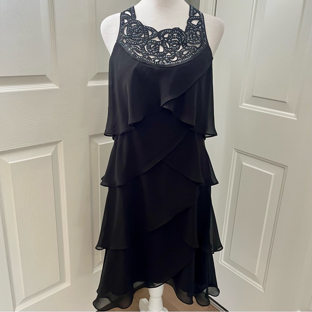 SLNY Party‎ Sequined Tiered Black Dress SZ Small CutOut Whimsical Princess Fairy